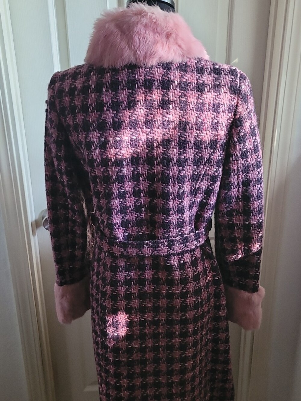 Guess Pink and PURPLE Houndstooth RABBIT Fur Trim Pea Coat SIZE M 45% WOOL - Picture 10 of 15